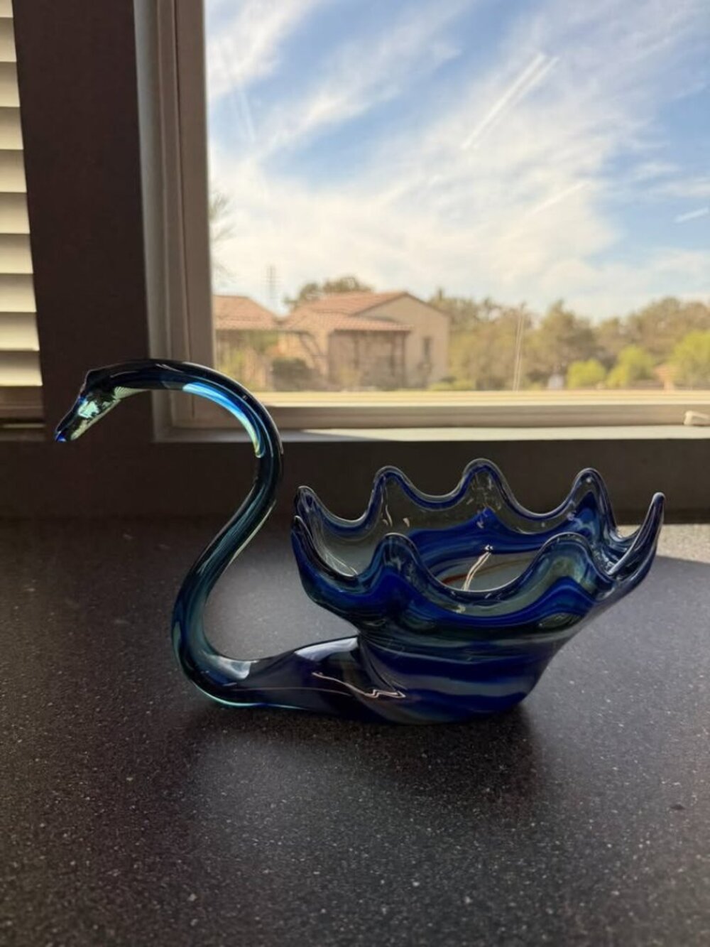 Vintage Cobalt Blue Art Glass Swan Basket Bowl – Hand Blown Style